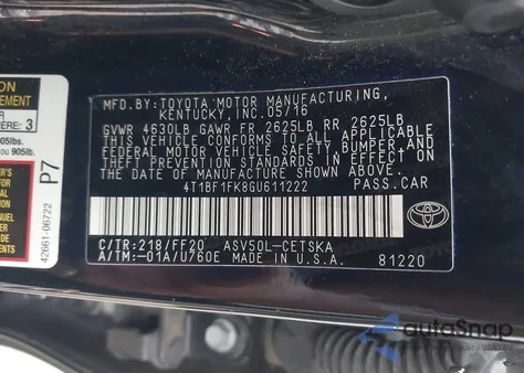 2016 Toyota Camry Se из США, поврежденный, VIN 4T1BF1FK8GU611222